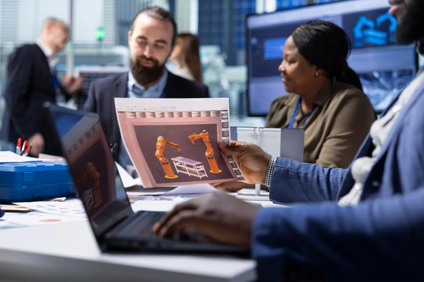 Fabrikmanager begutachten Schemata und planen mithilfe eines Laptops Modernisierungen der Anlage.